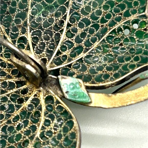 Vintage Art Deco Spider Brooch Green Leaf Flower 800 Silver Gold-tone Wash - Picture 7 of 16